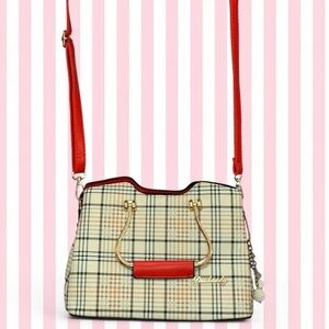 Plaid Crossbody Bag with Red Trim and Adjustable Strap